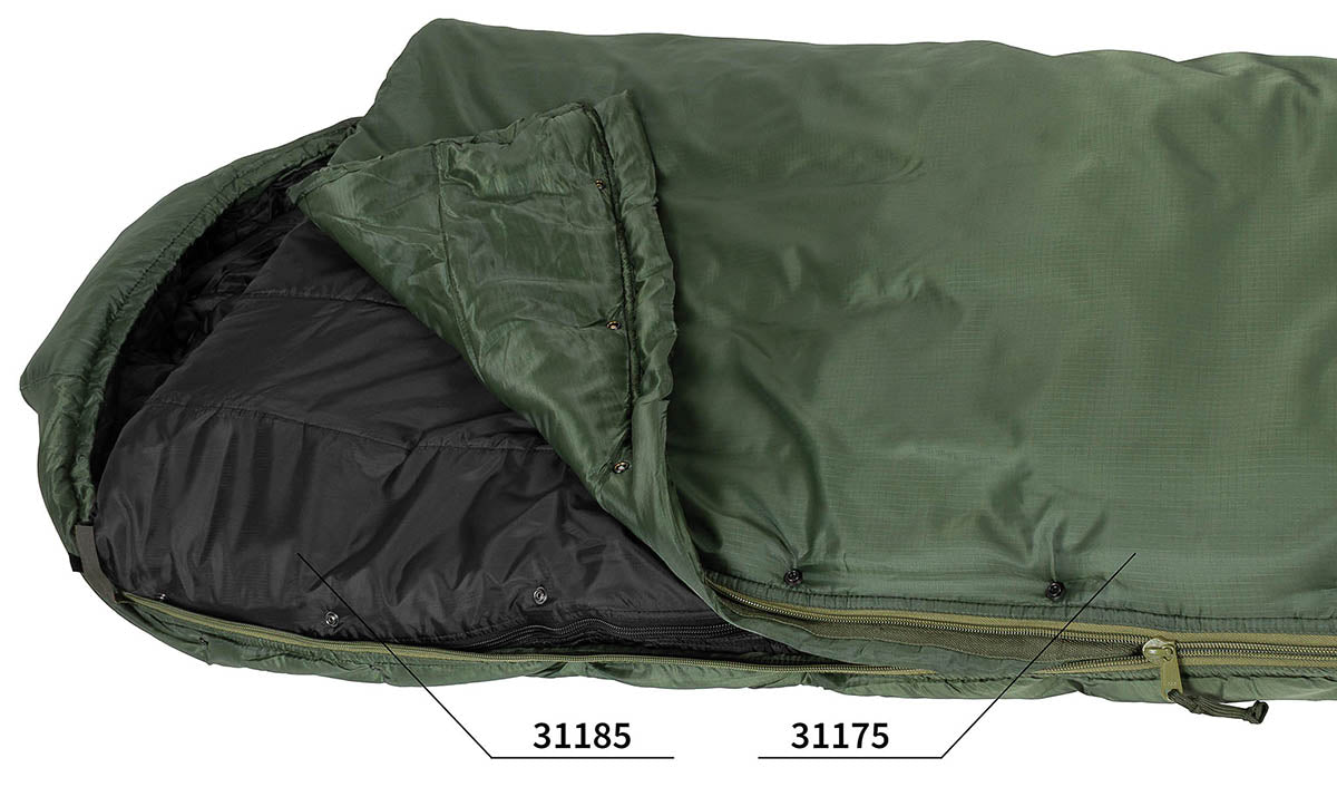 Bekleidung, Mantel, Jacke, Weste, Zelt, Daunenjacke, Reißverschluss, Außenfarbe grün, Innenfutter schwarz, Schultergurt