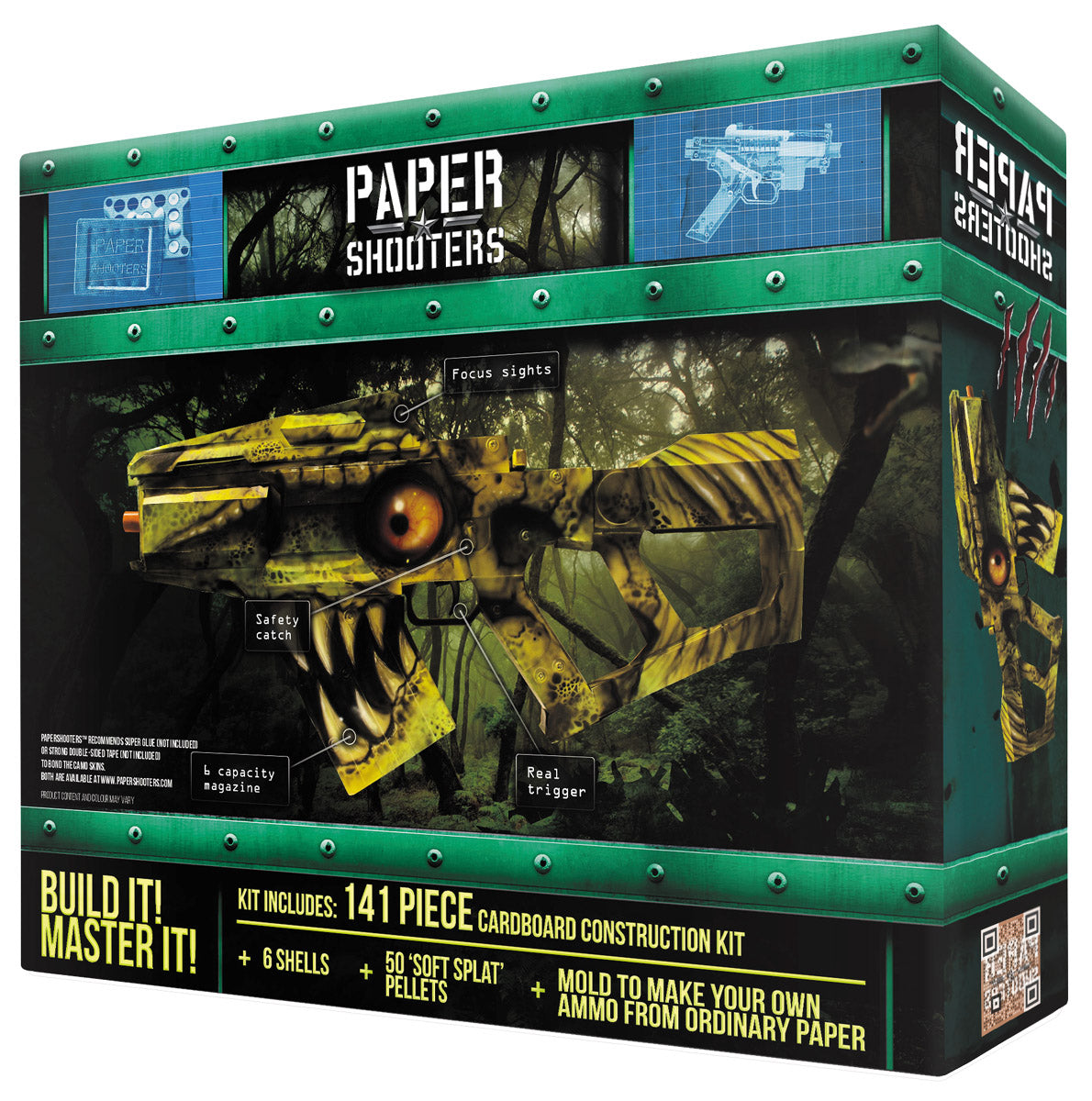 Papier Shooter, Pappe, Konstruktionsset, Waffenreplik, Grüne Verpackung, Kartonmodell, Baukasten, Papiermodell, Kampfmuster,