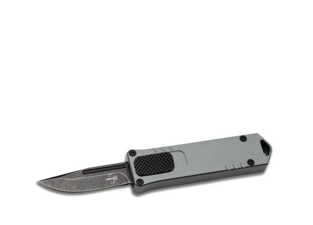 Taktischer Messer, Faltmesser, stonewash Klinge, graue Grifffläche, Kerbschlossmesser