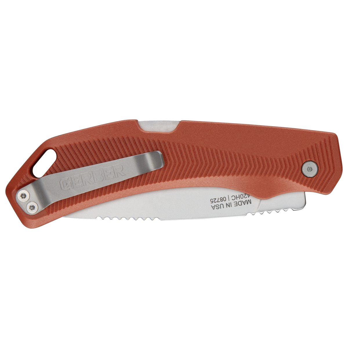 Faltmesser, roter Griff, >Z serrated?, Klinge gezackt, Made in USA