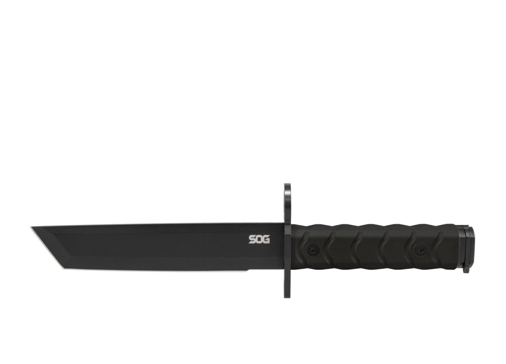 Taktischer messer, Feststehende Klinge, Schwarze Klinge, Griff mit Rillen, SOG-Logo