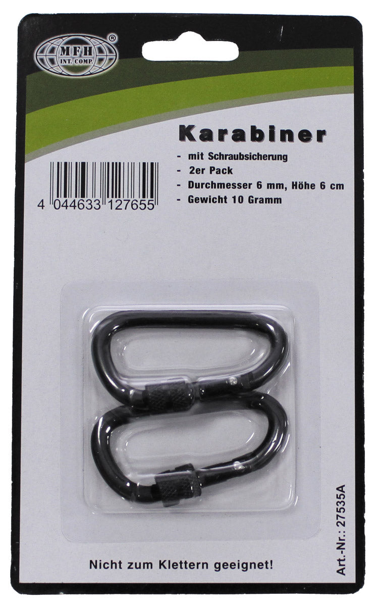Karabiner, Schraubverschluss, D 6mm x 6cm, 2er Pack,schwarz