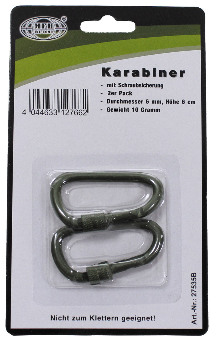 Karabiner, Schraubverschluss, D 6 mm x 6 cm, 2er Pack, oliv