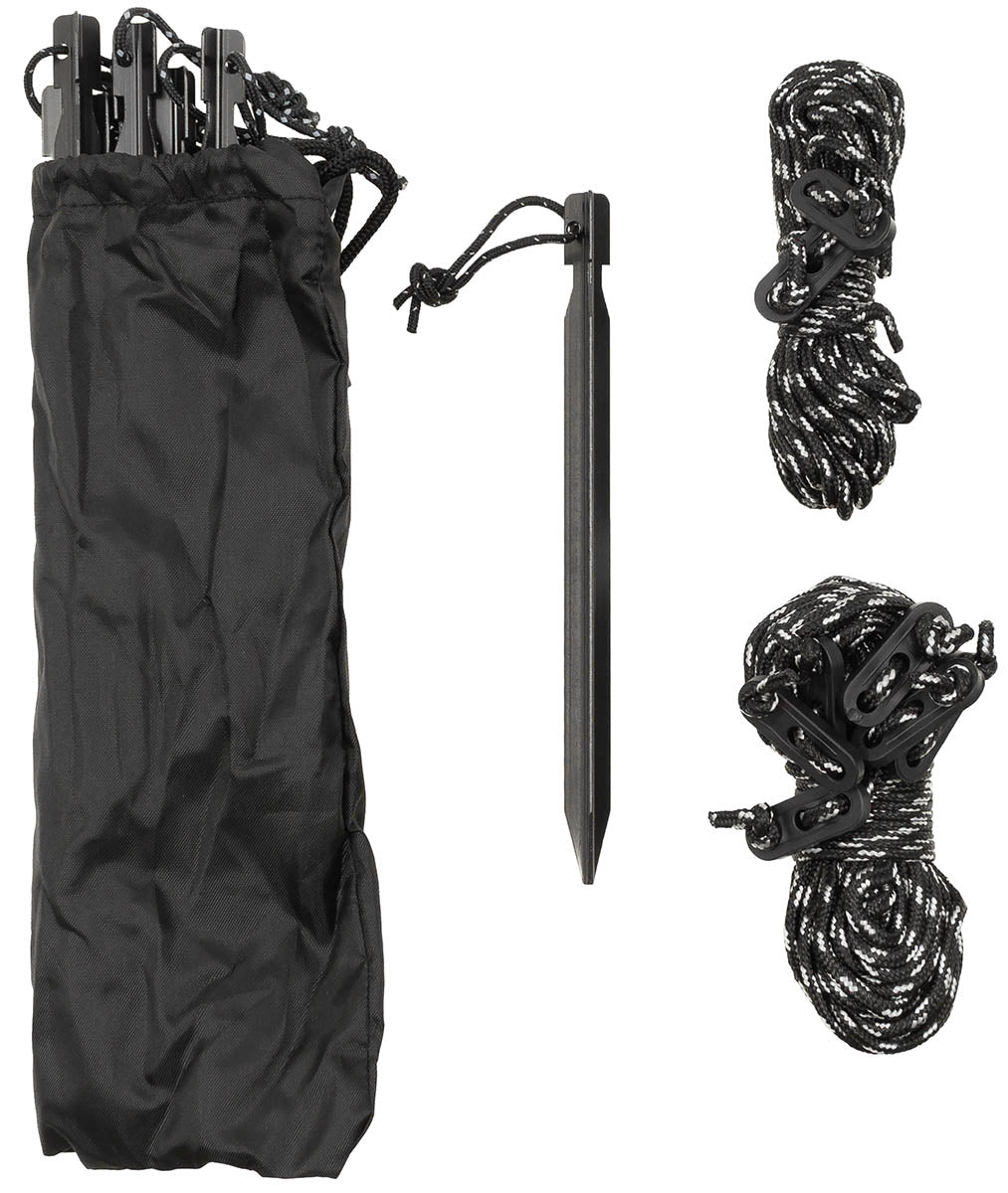 sandals, tent stakes, guy lines, rope, stake spike, Zeltstifte, Abspannleine, Schnur, Tragetasche, Pfahl-Set, Zeltstifte, Abs