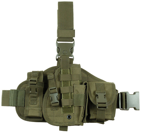 Pistolenbeinholster, "MOLLE", rechts, oliv, mit Taschen