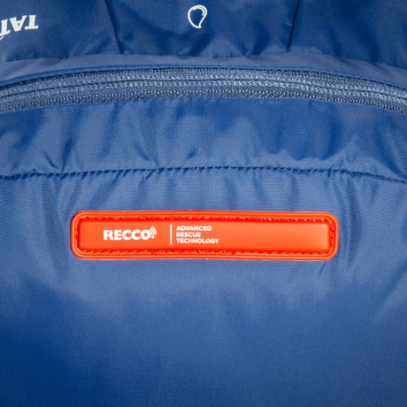 Rucksack, blau, Reißverschluss, rotes Etikett, RECCO