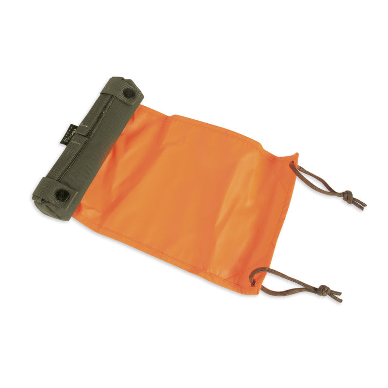 orange pouch, drawstring, cord closure, pocket insert, green strap