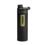 Wasserflasche, Sportflasche, Metallflasche, schwarze Flasche, grüne Beschriftung