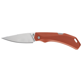 messer, faltebares messer, orangenes griffstück, gezahnte klinge, flipper