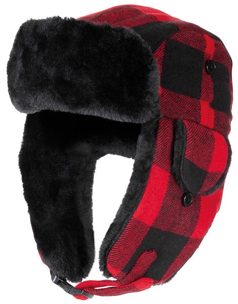 Holzfällermütze mit Fell, rot-schwarz
