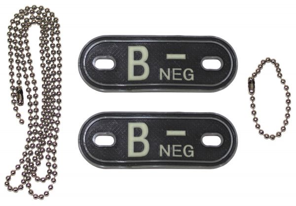 Blutgruppenmarken, mit Ketten, nachleuchtend, &quot;B NEG&quot;, 3D