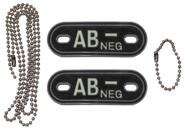 Blutgruppenmarken, mit Ketten, nachleuchtend, &quot;AB NEG&quot;, 3 D